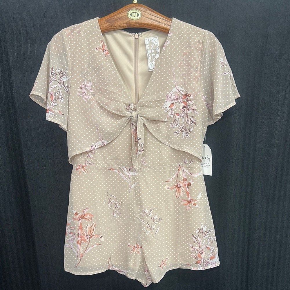 Cream with white Polka Dot shorts one piece Jumper flutter sleeve summer NWT